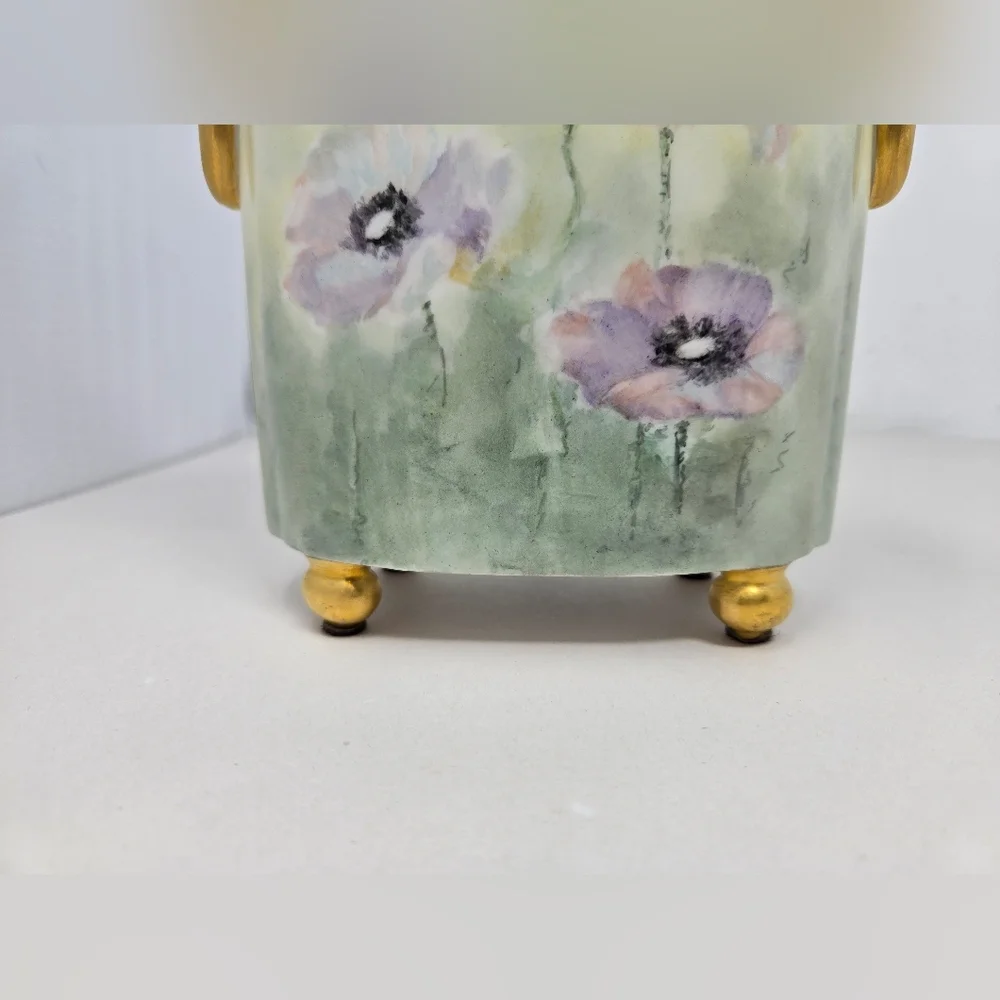 Antique Beauty Limoges Hand-painted Poppy Flower With Gold Accent Cachepot Vase
